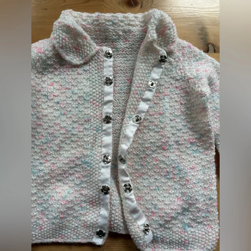 Baby Pastel Pink Blue White Knit Cardigan 6-9M Hidden Snap Button Placket EUC